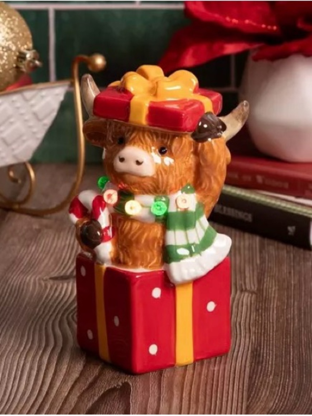 Highland Cow In Red Present Light Up Figurine